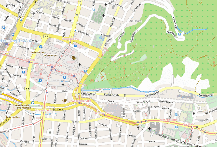 Schlossberg -Stadtplan mit Luftaufnahme und Unterkünften von Freiburg